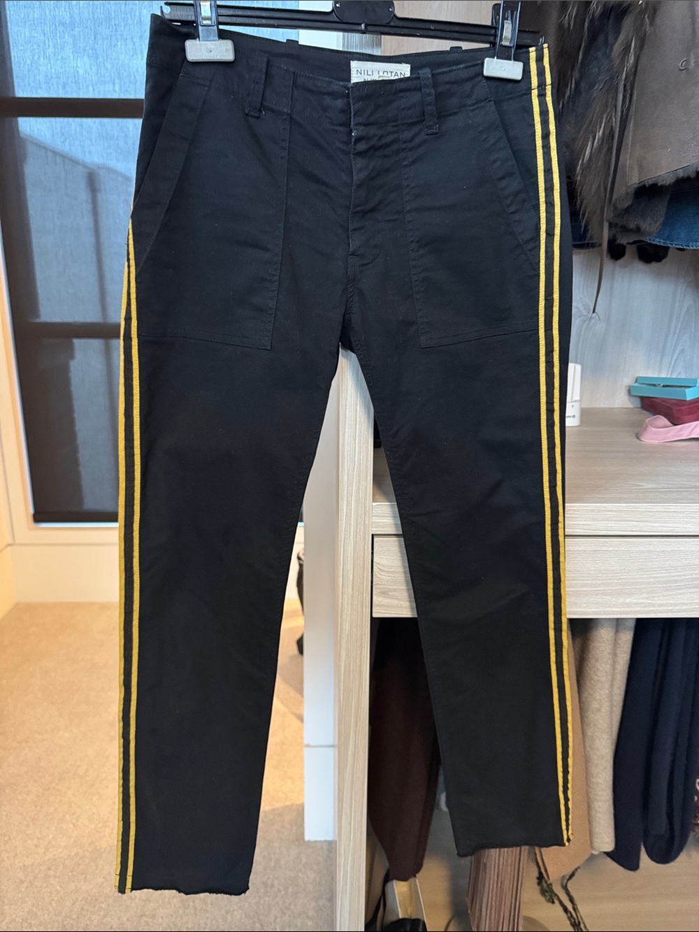 Nili Lotan Jenna Side Stripe Pant Black with Yellow Grograin Ribbon Stripe Size